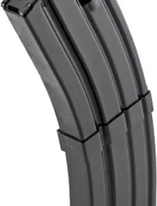 Two curved rifle magazines standing upright against a white background, connected end-to-end.