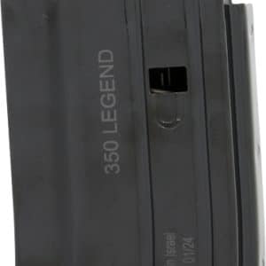 Black firearm magazine with '350 LEGEND' molded on the side, shown at an angled side view