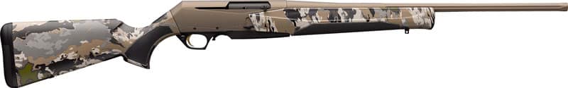 Camouflage-pattern bolt-action hunting shotgun with a long barrel, shown from the side.