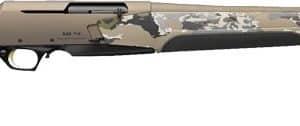 Camouflage-patterned bolt-action hunting rifle shown in side view, barrel extending to the right.