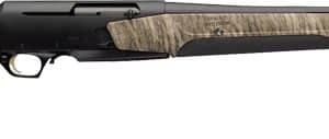 Bolt-action rifle with a tan camouflage stock and long black barrel.