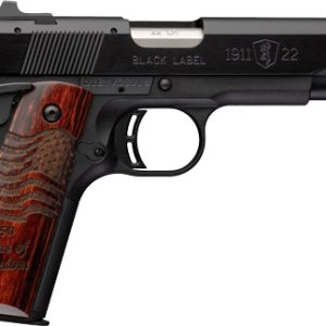 Side view of a semi-automatic handgun with a wooden grip and black metal frame.