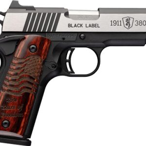 Semi-automatic handgun with a silver slide labeled Black Label and wooden grip viewed from the side; appears to be a 1911-style pistol, .380/.AUTO caliber mark visible.