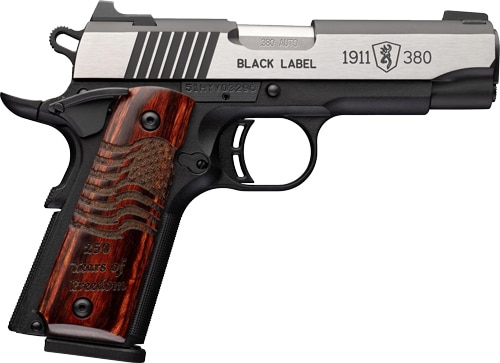 Semi-automatic handgun with a silver slide labeled Black Label and wooden grip viewed from the side; appears to be a 1911-style pistol, .380/.AUTO caliber mark visible.