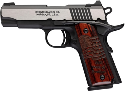 Side view of a Browning semi-automatic pistol with a black frame, stainless slide, and wooden grip panel.