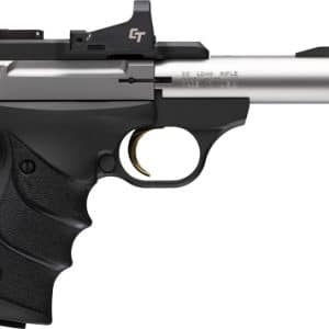 Side view of a semi-automatic pistol with a black textured grip and silver slide, featuring front and rear sights and a visible trigger guard.
