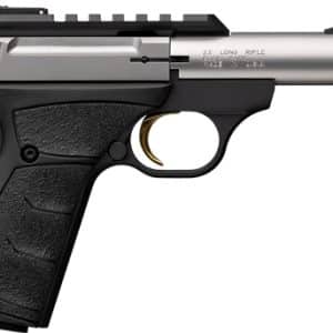 Side view of a semi-automatic pistol with a silver slide, black grip, and green fiber-optic sights.