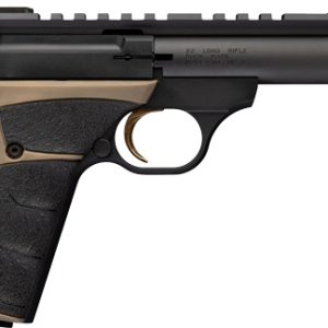 Black semi-automatic pistol with a tan grip, long barrel, and Picatinny rail, viewed from the left.