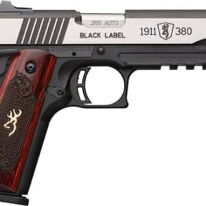 Semi-automatic pistol with silver slide and black frame, wooden grip panels, deer emblem, side view (380 Auto).