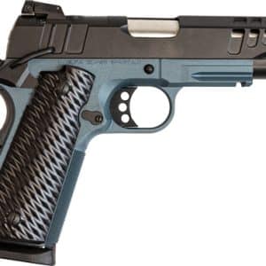Semi-automatic pistol with blue-gray frame, black slide, textured grip, and front/miring rail