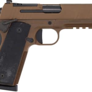 Tan semi-automatic pistol shown in profile, with black grip panels and a compact trigger guard.