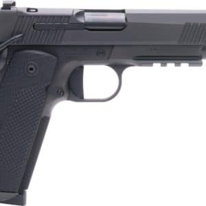 Side view of a black semi-automatic pistol with a textured grip and accessory rail on top/ underside rail shown from the left side.