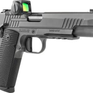 Black semi-automatic pistol with a textured grip and a mounted green-dot sight, shown from the left side.