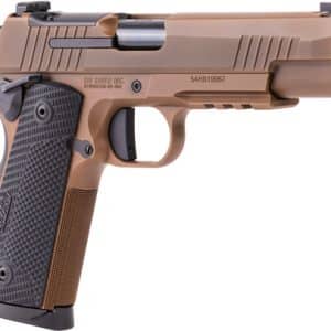 Tan semi-automatic pistol shown in right-side profile with black grip and slide serrations.