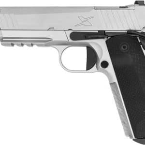Side view of a silver semi-automatic pistol with a black textured grip.