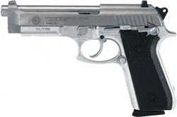 Left-side view of a silver semi-automatic pistol with a black grip.