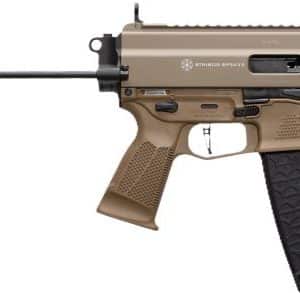 Tan compact rifle with a long barrel, retractable stock, pistol grip, and a curved black magazine, featuring a top Picatinny rail.