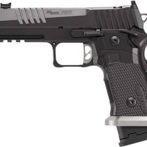 Black semi-automatic handgun shown in profile with a textured grip and extended magazine baseplate.
