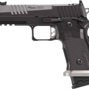 Side view of a black semi-automatic pistol with a textured grip and long slide, showing a magazine base extending below the grip.