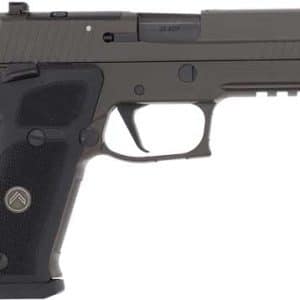 Semi-automatic pistol shown in profile with textured grip and dark metal finish.