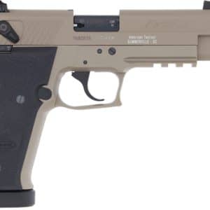 Tan semi-automatic handgun with black textured grip and accessory rail visible on the frame.