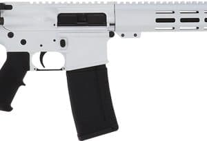 Silver and black semi-automatic rifle with an adjustable stock and long ventilated handguard.