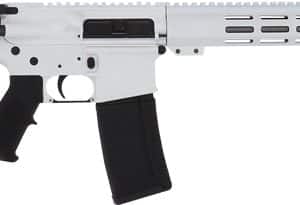 Side profile of an AR-15 style semi-automatic rifle with black stock, gray receiver, and long ventilated handguard.