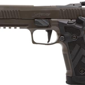 Brown flat-dark-earth semi-automatic handgun shown in side profile, with textured grip and accessory rail