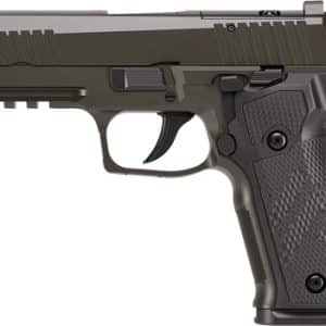 Side view of a SIG Sauer P226 semi-automatic handgun with a textured grip.