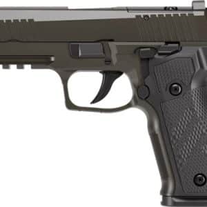 Olive-drab semi-automatic handgun with a textured grip and accessory rail seen from the side