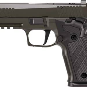 Olive drab semi-automatic pistol with a textured grip and accessory rail
