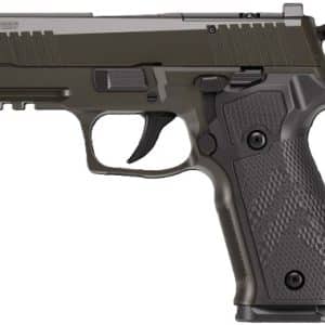 Left-side view of a dark olive semi-automatic pistol with textured grip, Picatinny rail, and front/back sights.
