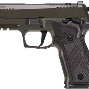 Side view of a compact semi-automatic handgun with an olive-drab finish and textured grip, shown from the left.