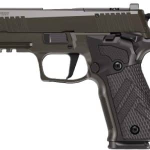 Side view of an olive-drab semi-automatic pistol with a textured grip and accessory rail.