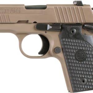 Side view of a tan SIG Sauer P238 semi-automatic pistol with a textured black grip.