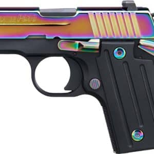 Rainbow-colored toy pistol replica with black grip, shown from the left side.
