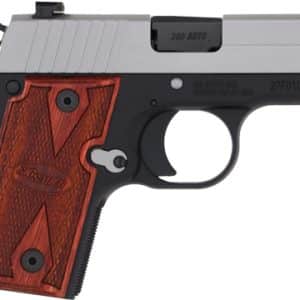 Semi-automatic handgun shown from the side, with a silver metal slide and brown wooden grip panels.