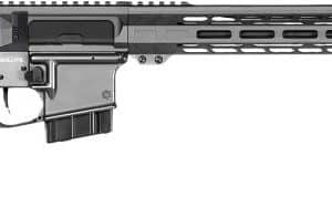 AR-15 style rifle with adjustable stock, pistol grip, and quad-rail handguard in profile view