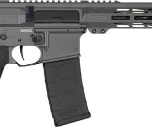 Semi-automatic rifle with adjustable stock, pistol grip, and a detachable magazine.