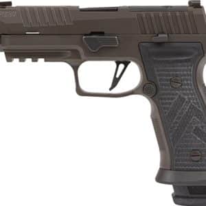 Side view of a semi-automatic pistol with a textured grip and visible trigger
