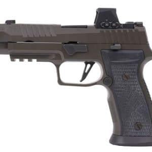 Brown semi-automatic pistol with textured grip and mounted red-dot sight.