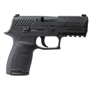 Side view of a black semi-automatic pistol with textured grip and accessory rail on a white background.