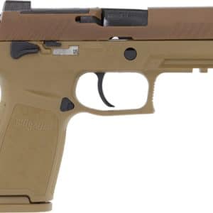 Left-side view of a SIG Sauer pistol with a tan polymer frame and brown slide, shown on a white background
