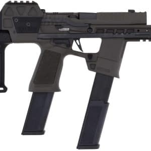 Compact black assault-style rifle with two removable magazines and a folding stock, shown in profile.