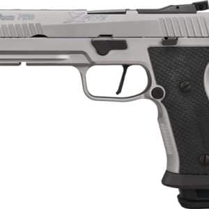 Side view of a silver semi-automatic handgun with a black textured grip and an extended magazine base.