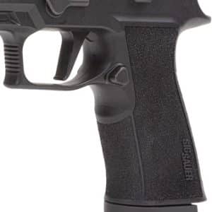 Close-up of a black semi-automatic pistol grip with textured panels and visible trigger guard, showing SIG SAUER branding.