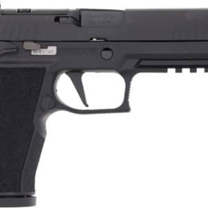 Black semi-automatic pistol in profile view with a textured grip, trigger guard, and accessory rail on the frame.