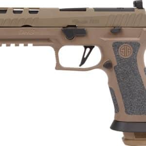 Tan-colored semi-automatic pistol with a textured grip, accessory rail, and black sights; appears to have a magazine inserted.