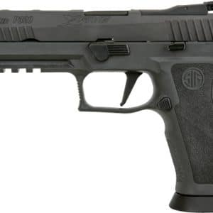 Black semi-automatic handgun with a textured grip and accessory rail under the barrel.