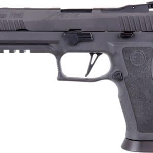 Side view of a dark gray SIG Sauer P320 semi-automatic handgun with a textured grip, trigger guard, and underside accessory rail.